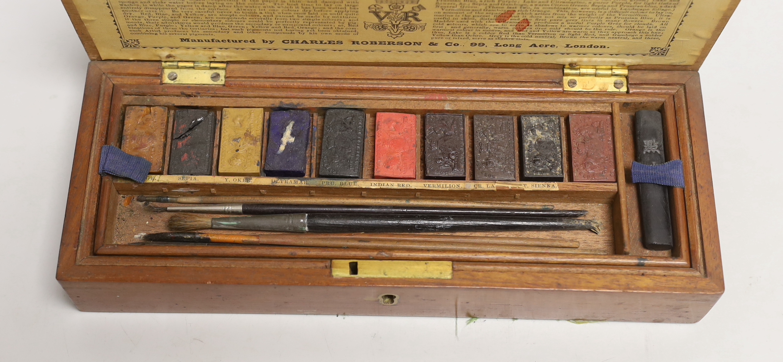 A Charles Roberson mahogany cased watercolourist's paints